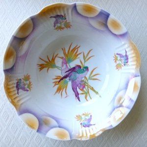 VINTAGE GERMAN LUSTREWARE BOWL  birds PARROTS 9" floral nature